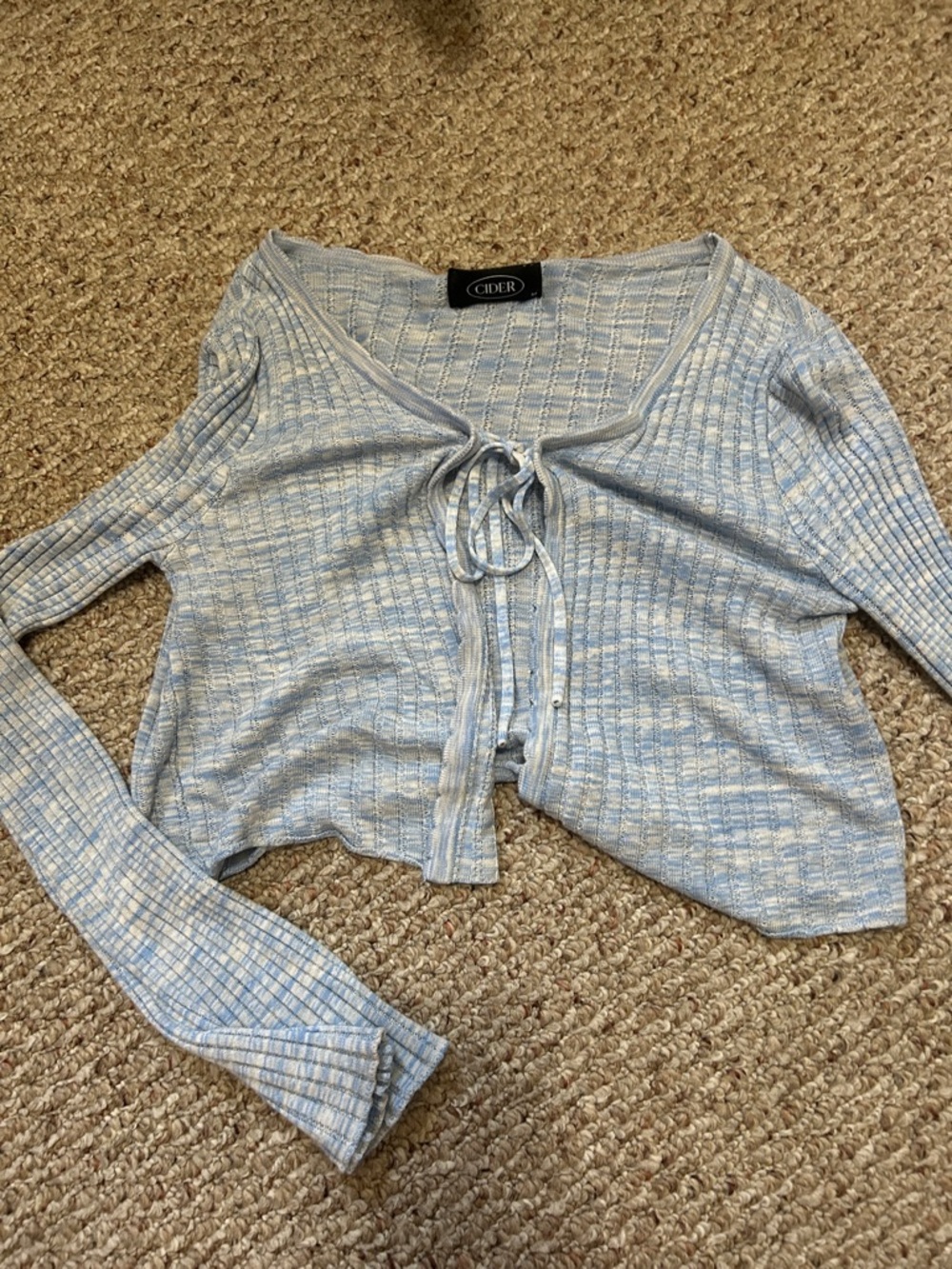 Cider Sky Blue Ribbed Tie-Front Long Sleeve Crop Top sweater